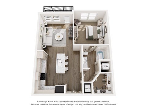 A 3D floor plan of The Addie - 1-bed 1-bath apartment with a large kitchen island, spacious layout, and walk-in closet at The Portier Midtown in Mobile, AL